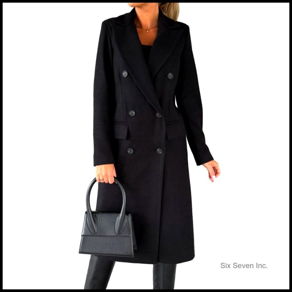 Woolen Fabric Long Double Breasted Trench Coat Fall Winter Pea Coat - Picture 1 of 3
